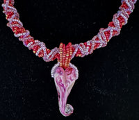 Handmade Red, Pink, and White Beaded Necklace with Hand-Blown Glass Heart Pendant