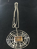 Amber Insect Inclusion in Spider Web Pendant on Sterling Silver Necklace