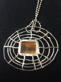 Amber Insect Inclusion in Spider Web Pendant on Sterling Silver Necklace